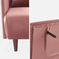 Sofá-cama em veludo com pernas de madeira, 2 lugares
