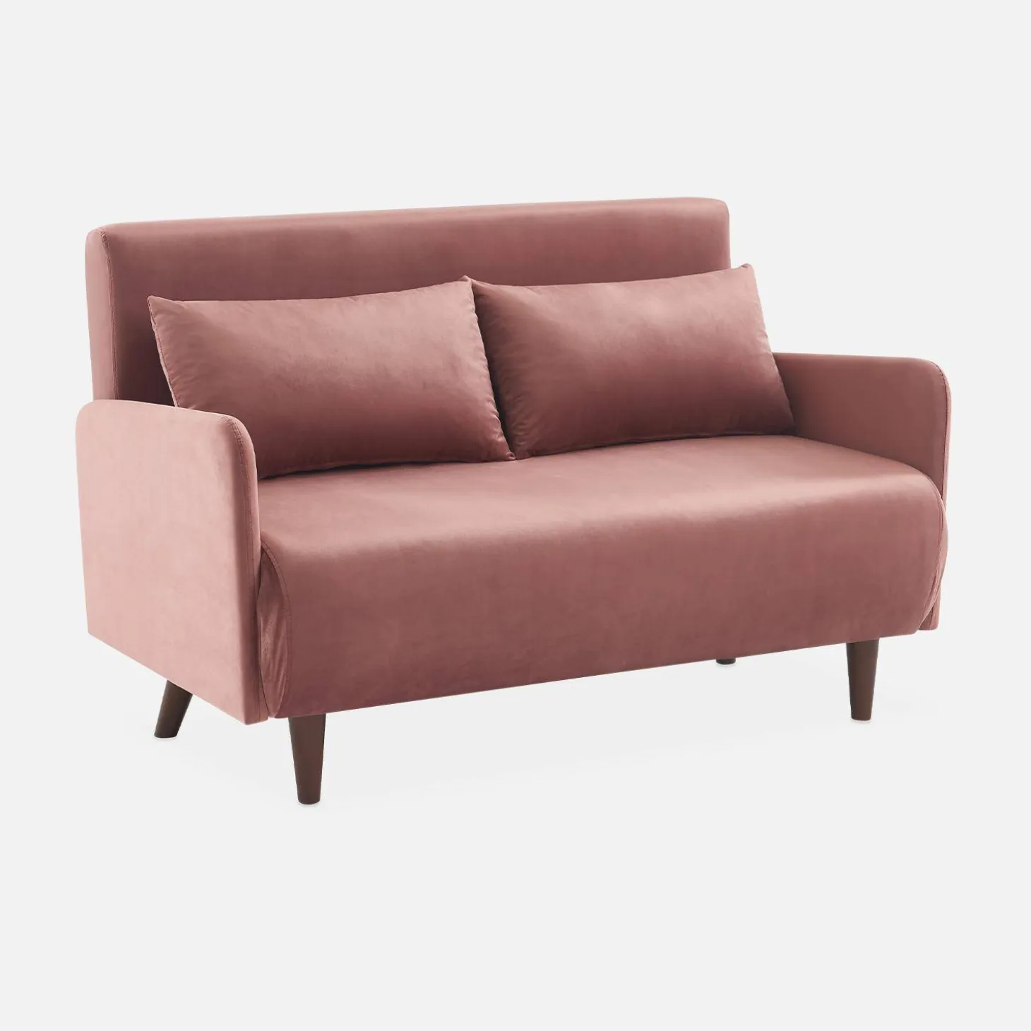 Sofá-cama em veludo com pernas de madeira, 2 lugares