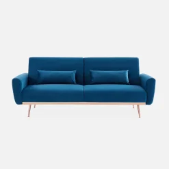 Sofá-cama em veludo com pés em metal, 2 a 3 lugares