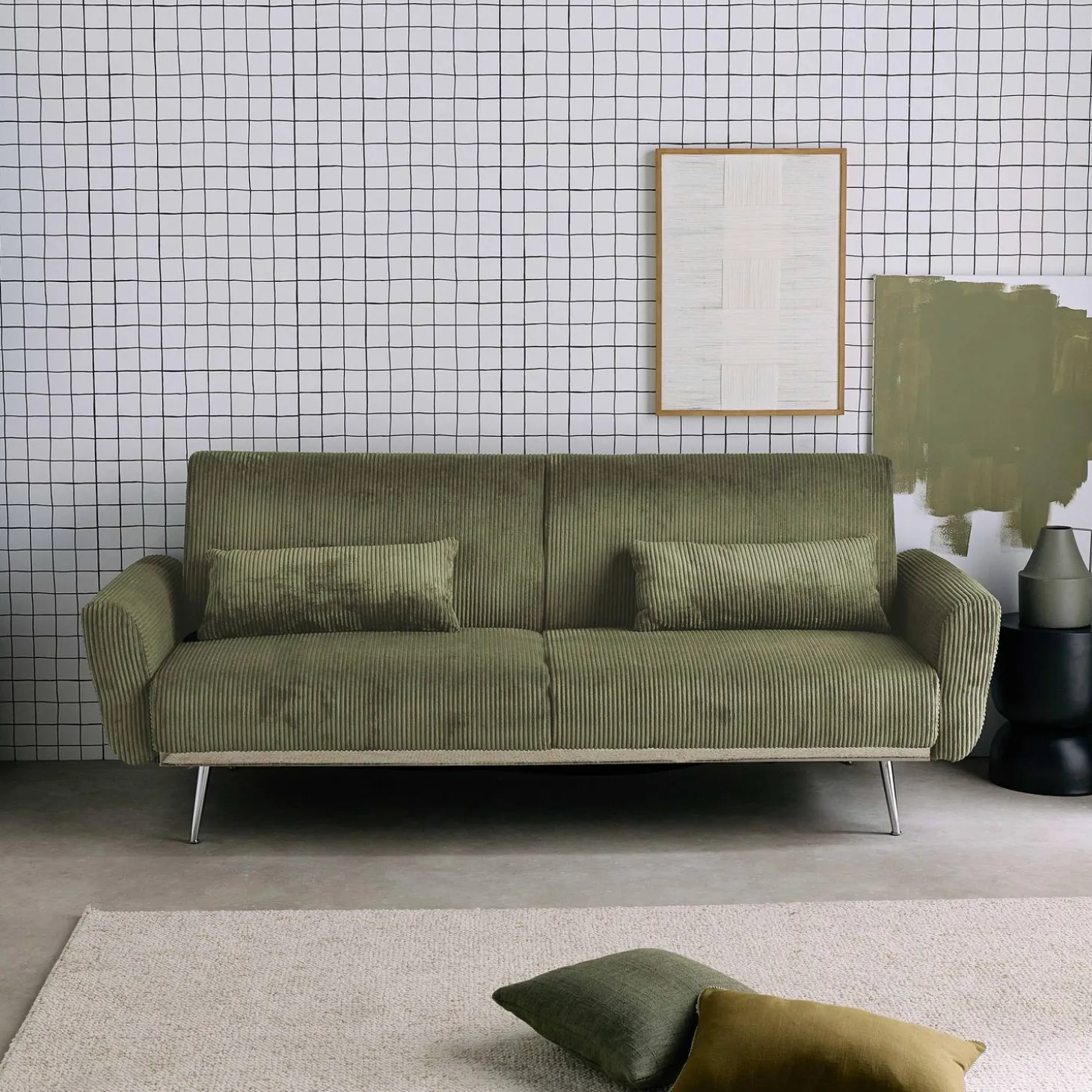 Sofá-cama reversível em veludo canelado com pés em metal, 2-3 lugares