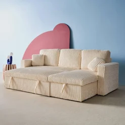 Sofá de canto conversível com textura canelada, 3 lugares