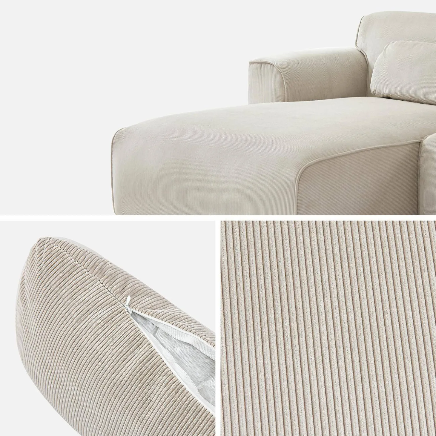 Sofá de canto esquerdo em veludo canelado, 3 lugares