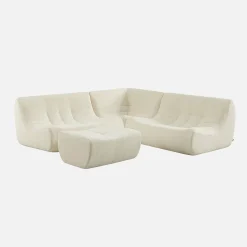 Sofá de canto modular com apoio para os pés em tecido bouclé, 5 lugares