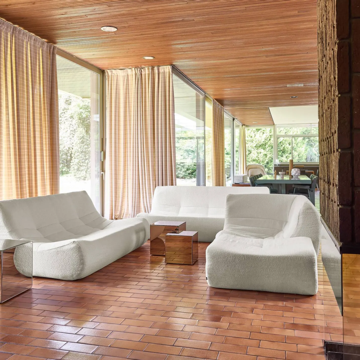 Sofá de canto modular com apoio para os pés em tecido bouclé, 7 lugares