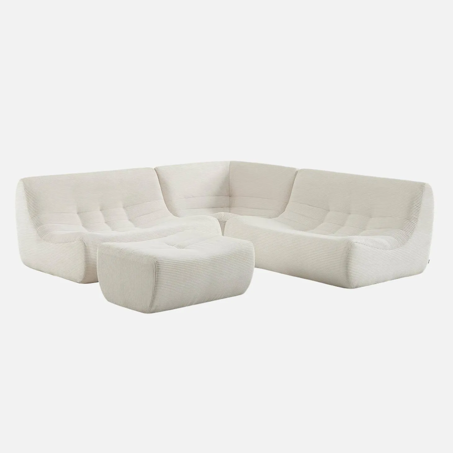 Sofá de canto modular com apoio para os pés em veludo canelado, 5 lugares