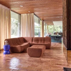 Sofá de canto modular com apoio para os pés em tecido bouclé, 5 lugares