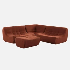 Sofá de canto modular com apoio para os pés em tecido bouclé, 5 lugares