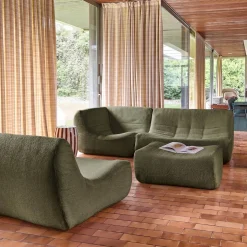 Sofá de canto modular com apoio para os pés em tecido bouclé, 5 lugares