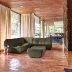 Sofá de canto modular com apoio para os pés em tecido bouclé, 5 lugares