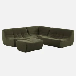 Sofá de canto modular com apoio para os pés em tecido bouclé, 5 lugares