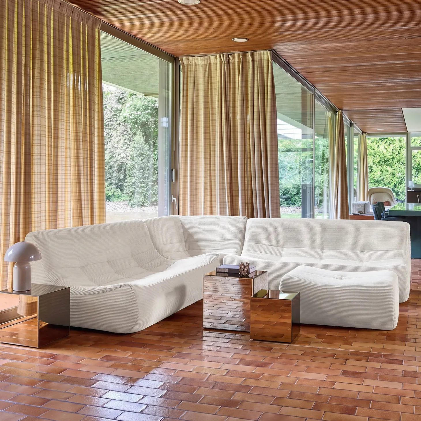 Sofá de canto modular com apoio para os pés em veludo canelad, 7 lugares