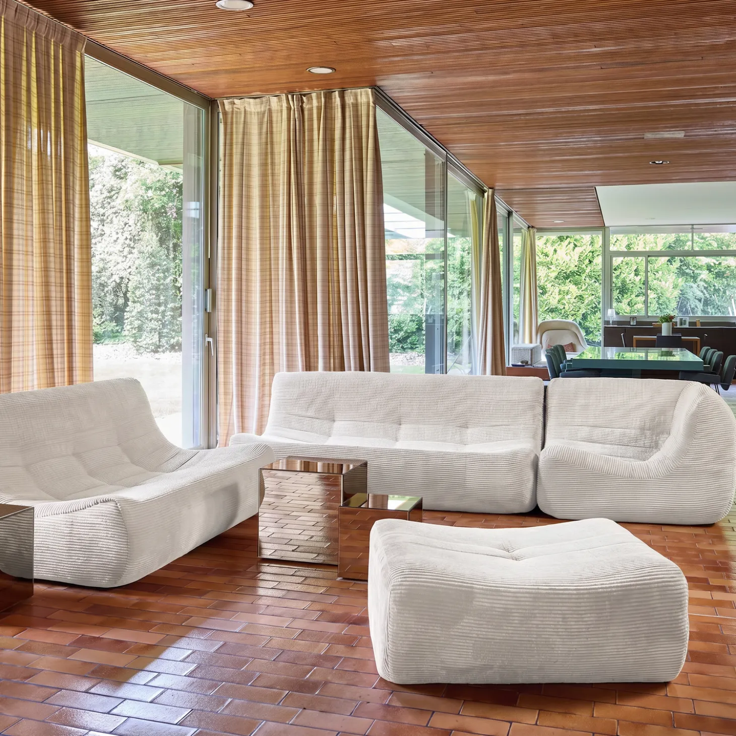 Sofá de canto modular com apoio para os pés em veludo canelad, 7 lugares