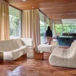 Sofá de canto modular com apoio para os pés em veludo canelad, 7 lugares