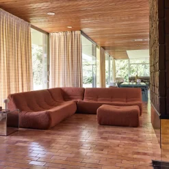 Sofá de canto modular com apoio para os pés em tecido bouclé, 7 lugares