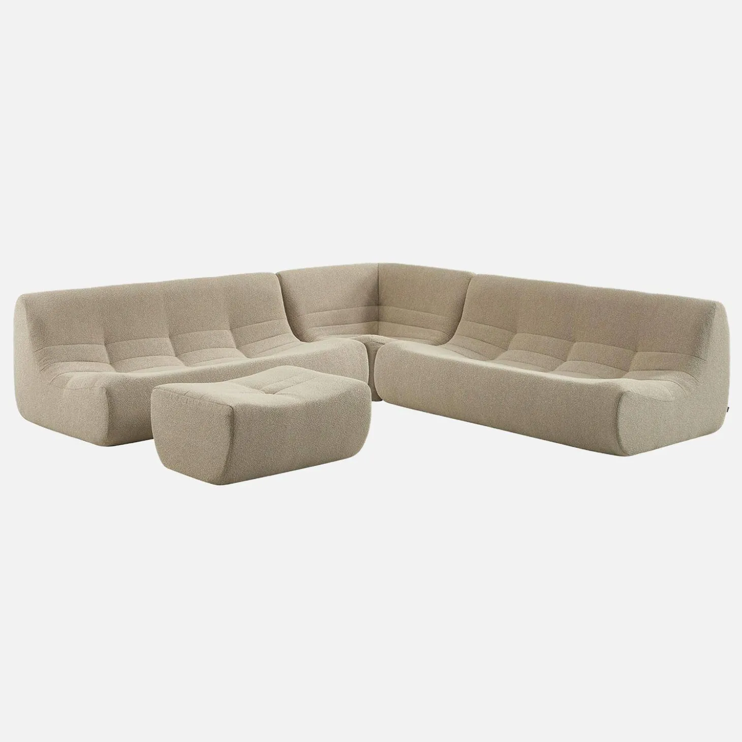 Sofá de canto modular com apoio para os pés em tecido bouclé, 7 lugares