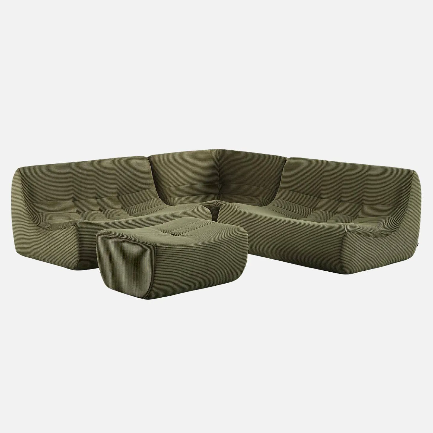 Sofá de canto modular com apoio para os pés em veludo canelado, 5 lugares