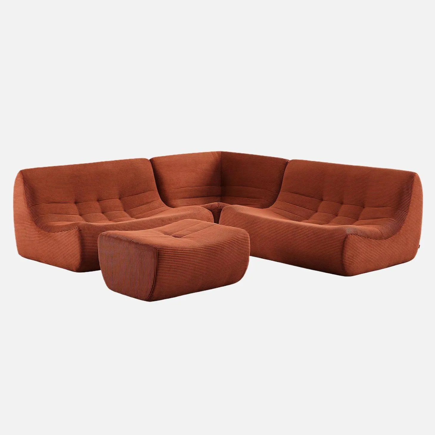Sofá de canto modular com apoio para os pés em veludo canelado, 5 lugares