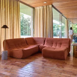 Sofá de canto modular com apoio para os pés em veludo canelado, 5 lugares