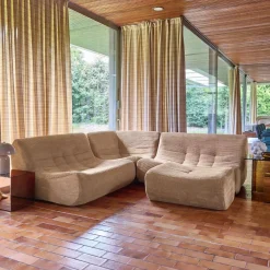 Sofá de canto modular com apoio para os pés em veludo canelado, 5 lugares