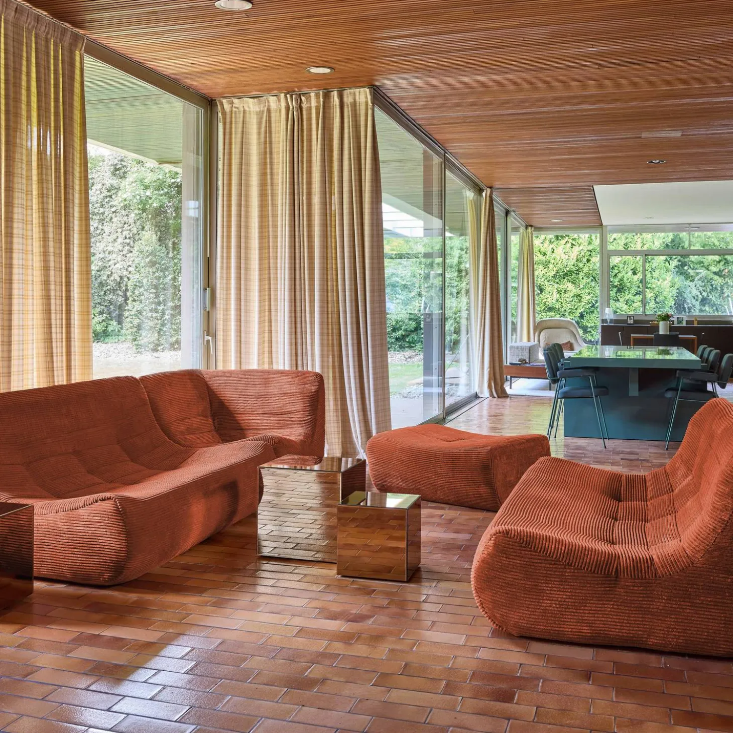 Sofá de canto modular com apoio para os pés em veludo canelad, 7 lugares