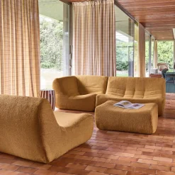 Sofá de canto modular com apoio para os pés em tecido bouclé, 5 lugares