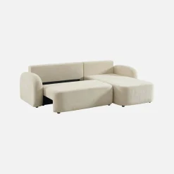 Sofá de canto reversível com chaise longue, cama e baú, 3 lugares