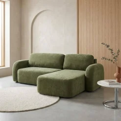 Sofá de canto reversível com chaise longue, cama e baú, 3 lugares