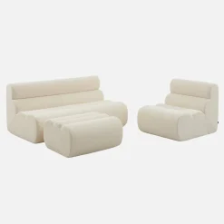 Sofá modular com apoio para os pés em tecido bouclé, 3 lugares