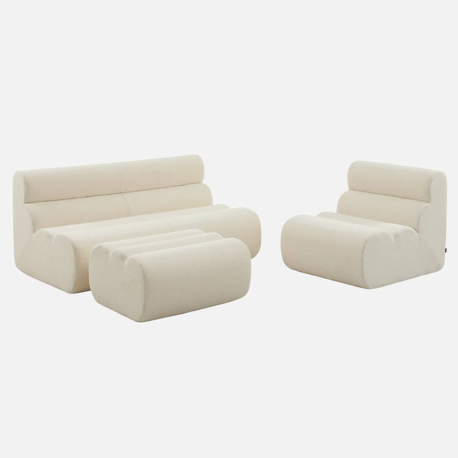 Sofá modular com apoio para os pés em tecido bouclé, 3 lugares