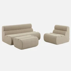 Sofá modular com apoio para os pés em tecido bouclé, 3 lugares