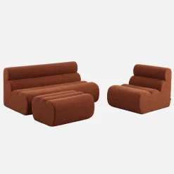 Sofá modular com apoio para os pés em tecido bouclé, 3 lugares