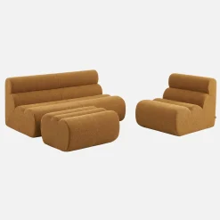 Sofá modular com apoio para os pés em tecido bouclé, 3 lugares