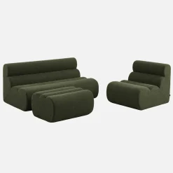Sofá modular com apoio para os pés em tecido bouclé, 3 lugares