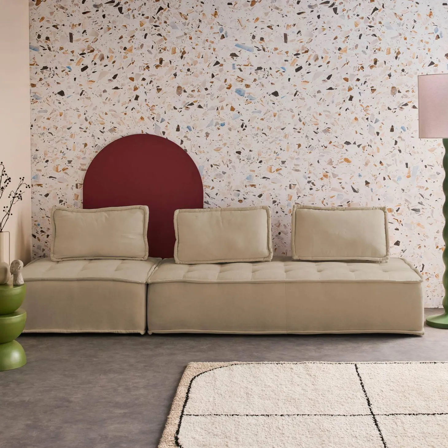 Sofá modular em tecido alcochoado, 3 lugares