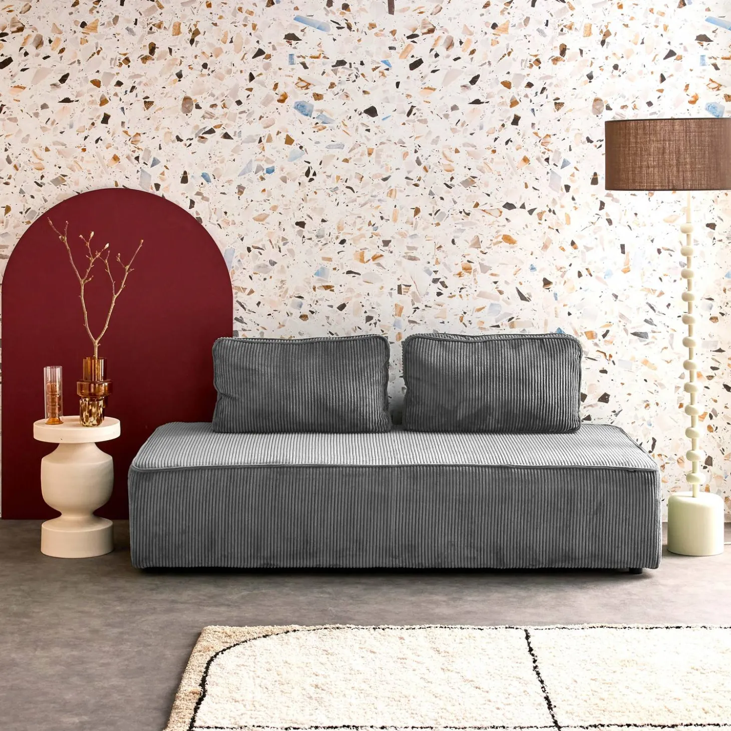 Sofá modular em tecido veludo canelado de 2 lugares