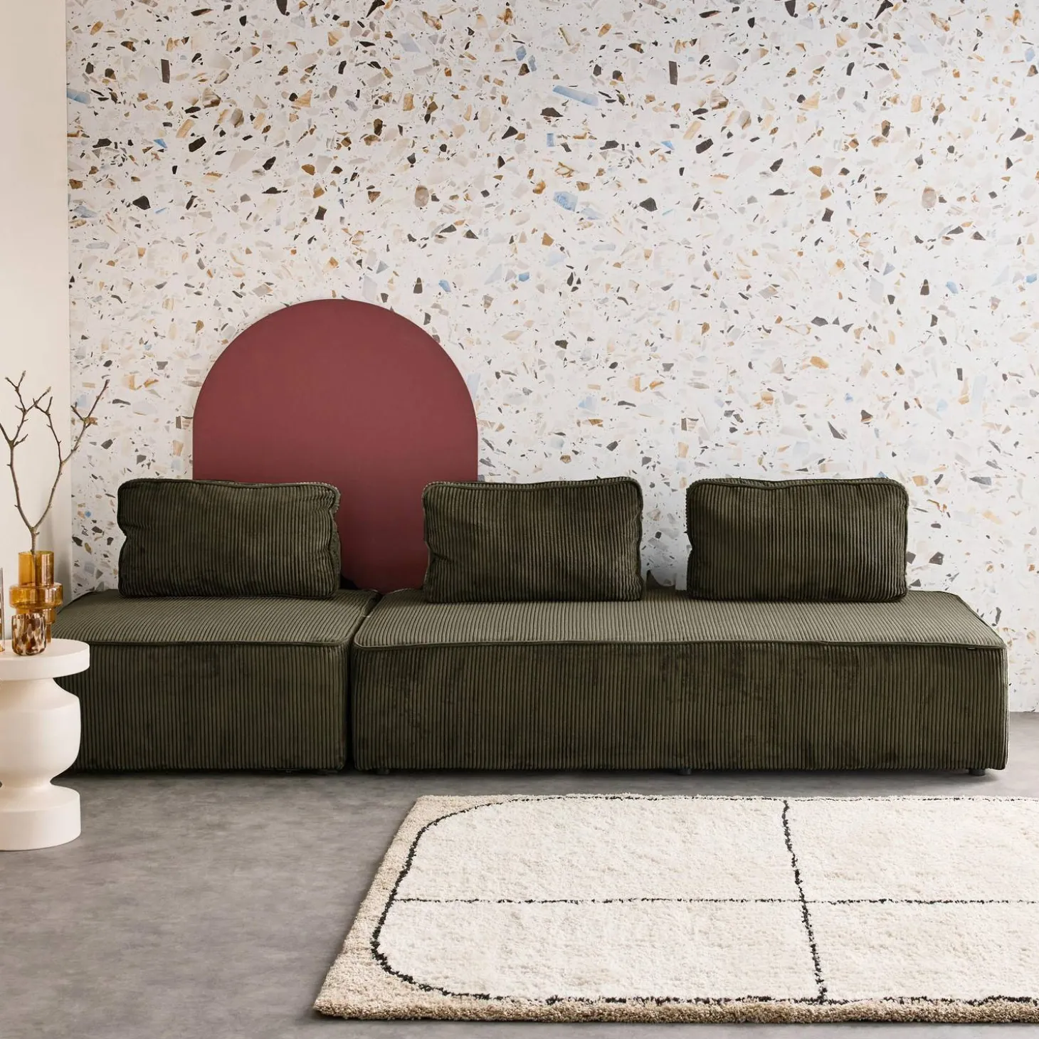 Sofá modular em tecido veludo canelado de 3 lugares