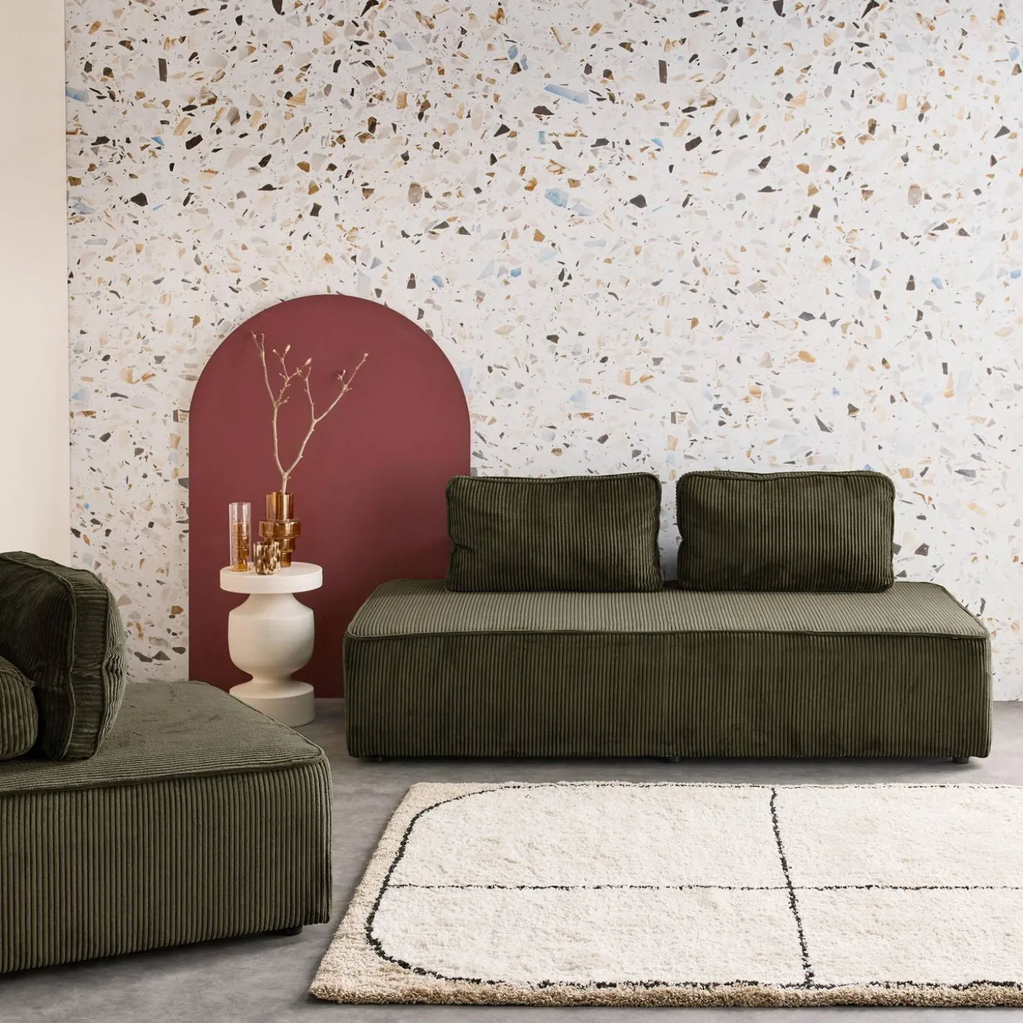 Sofá modular em tecido veludo canelado de 3 lugares