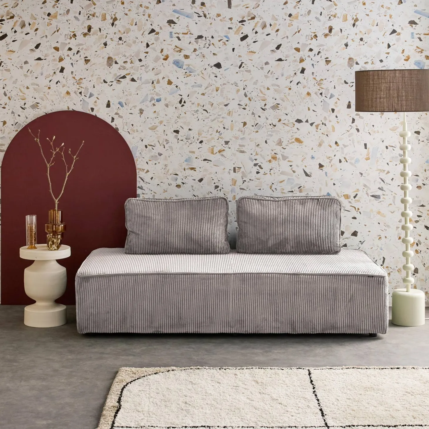 Sofá modular em tecido veludo canelado de 2 lugares