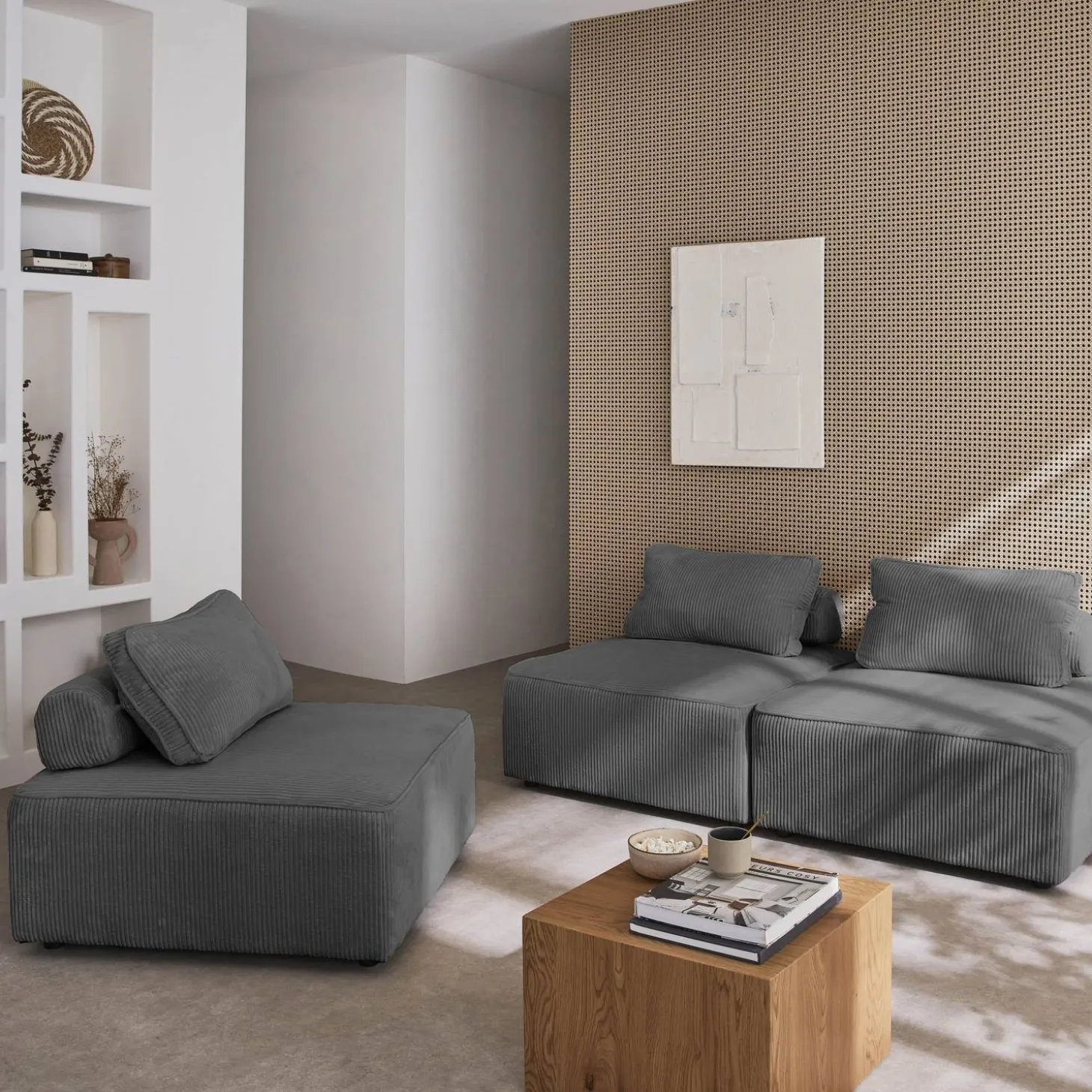 Sofá modular em veludo canelado, 3 lugares