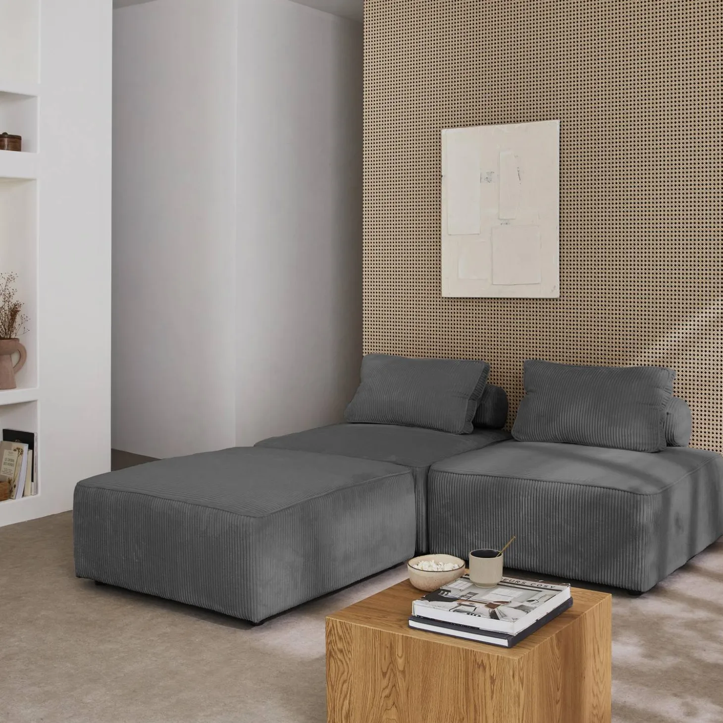 Sofá modular em veludo canelado, 3 lugares