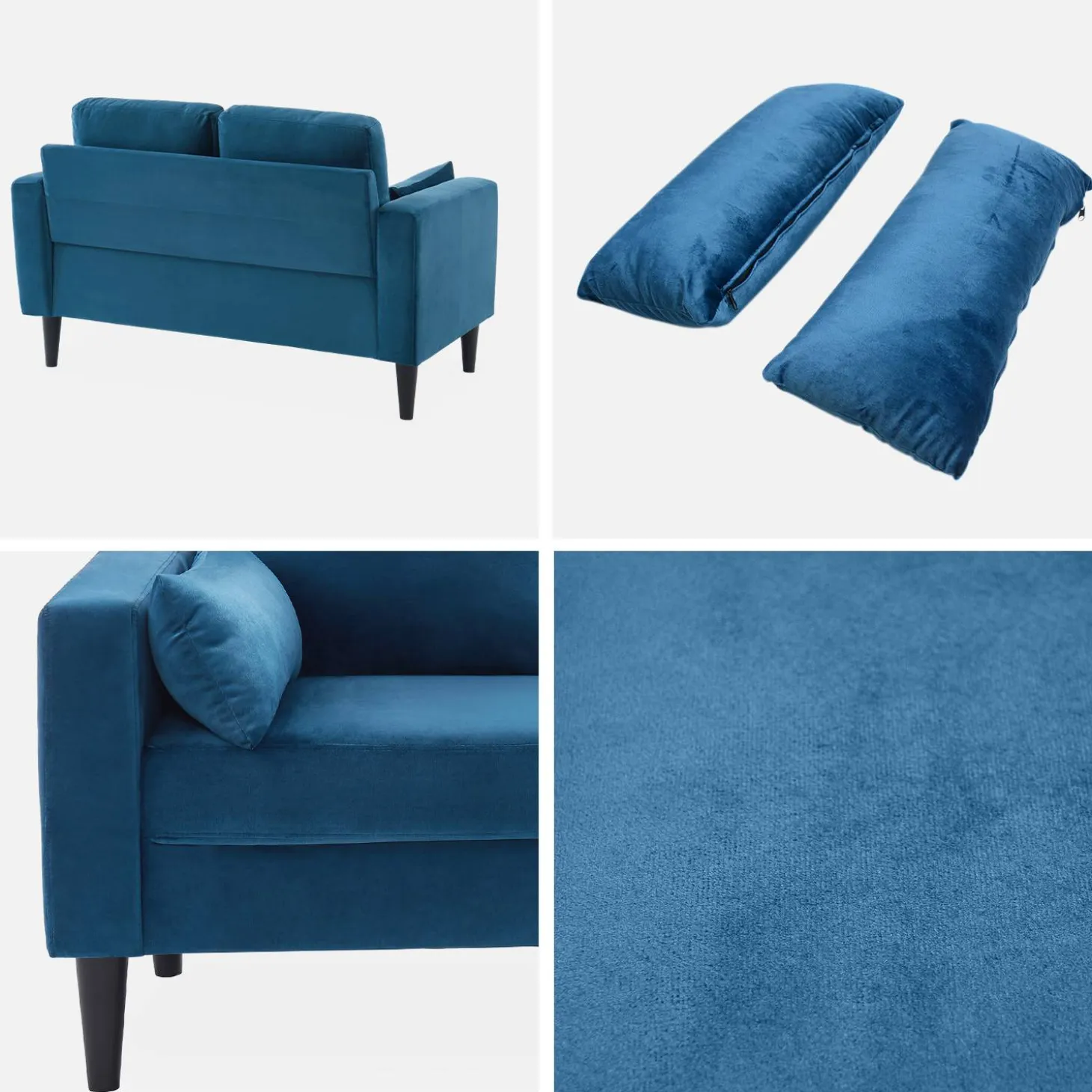 Sofá veludo liso com pernas de madeira hevea, 2 lugares
