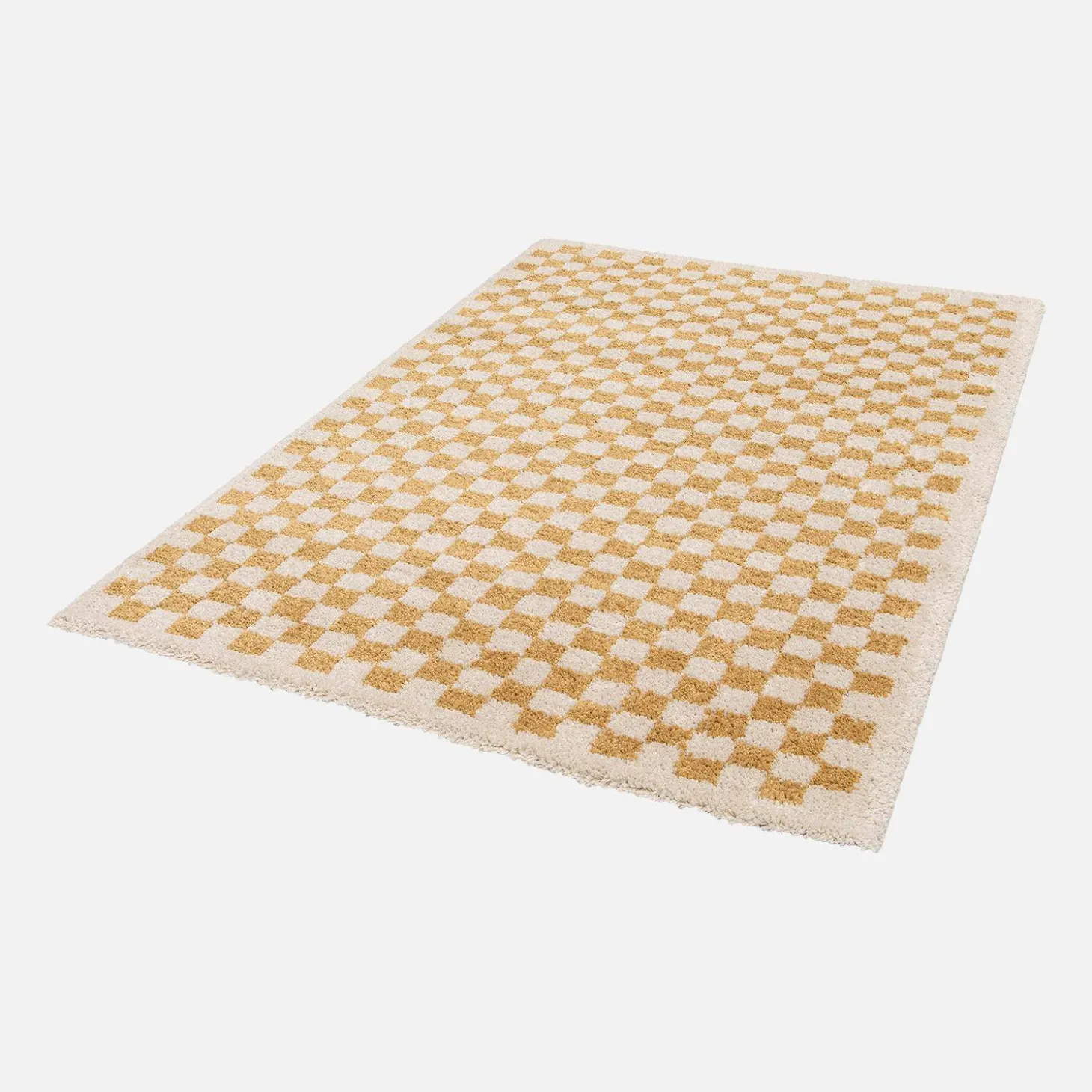 Tapete felpudo com padrão xadrez amarelo mostarda e creme