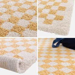 Tapete felpudo com padrão xadrez amarelo mostarda e creme