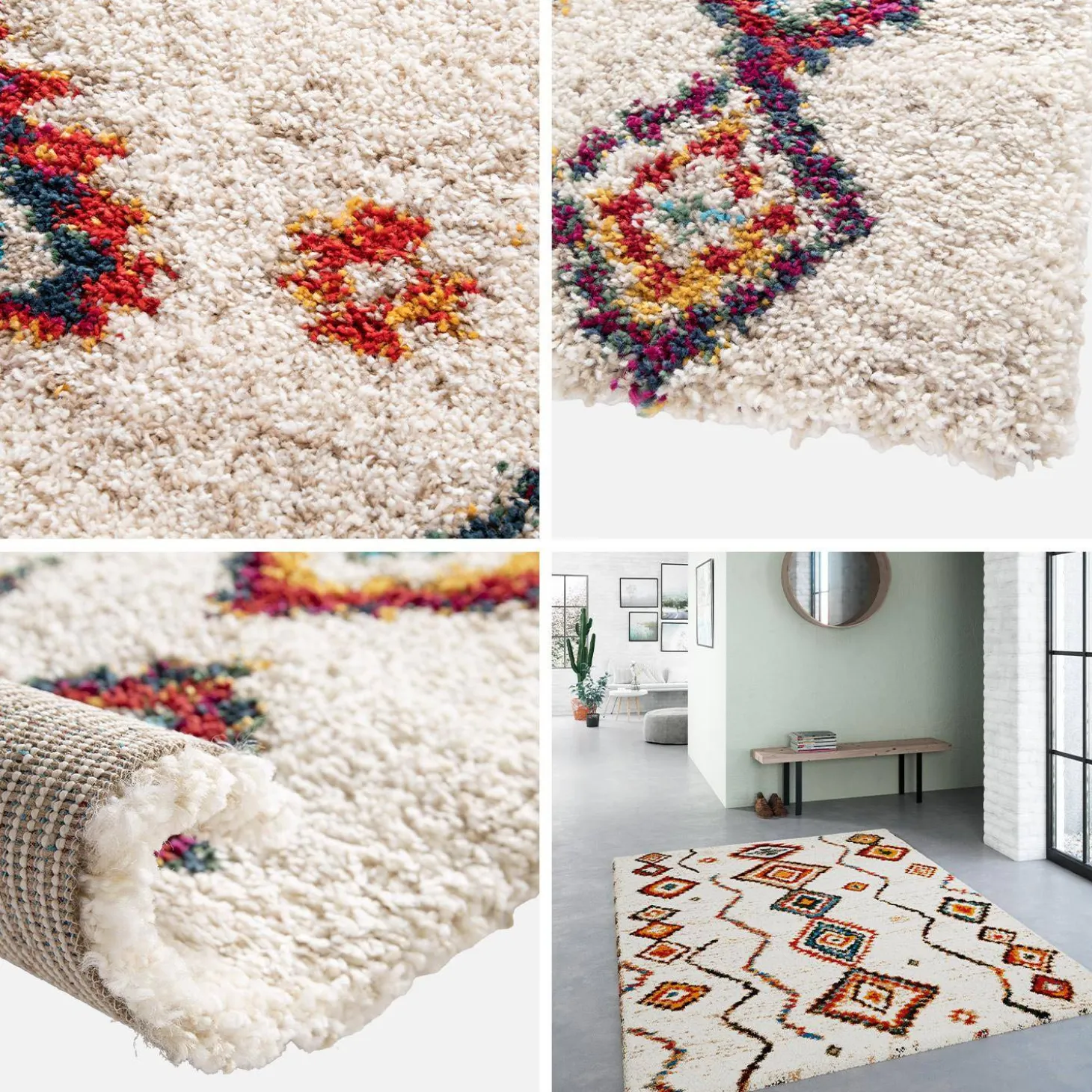 Tapete felpudo, estilo berbere, creme e multicolorido