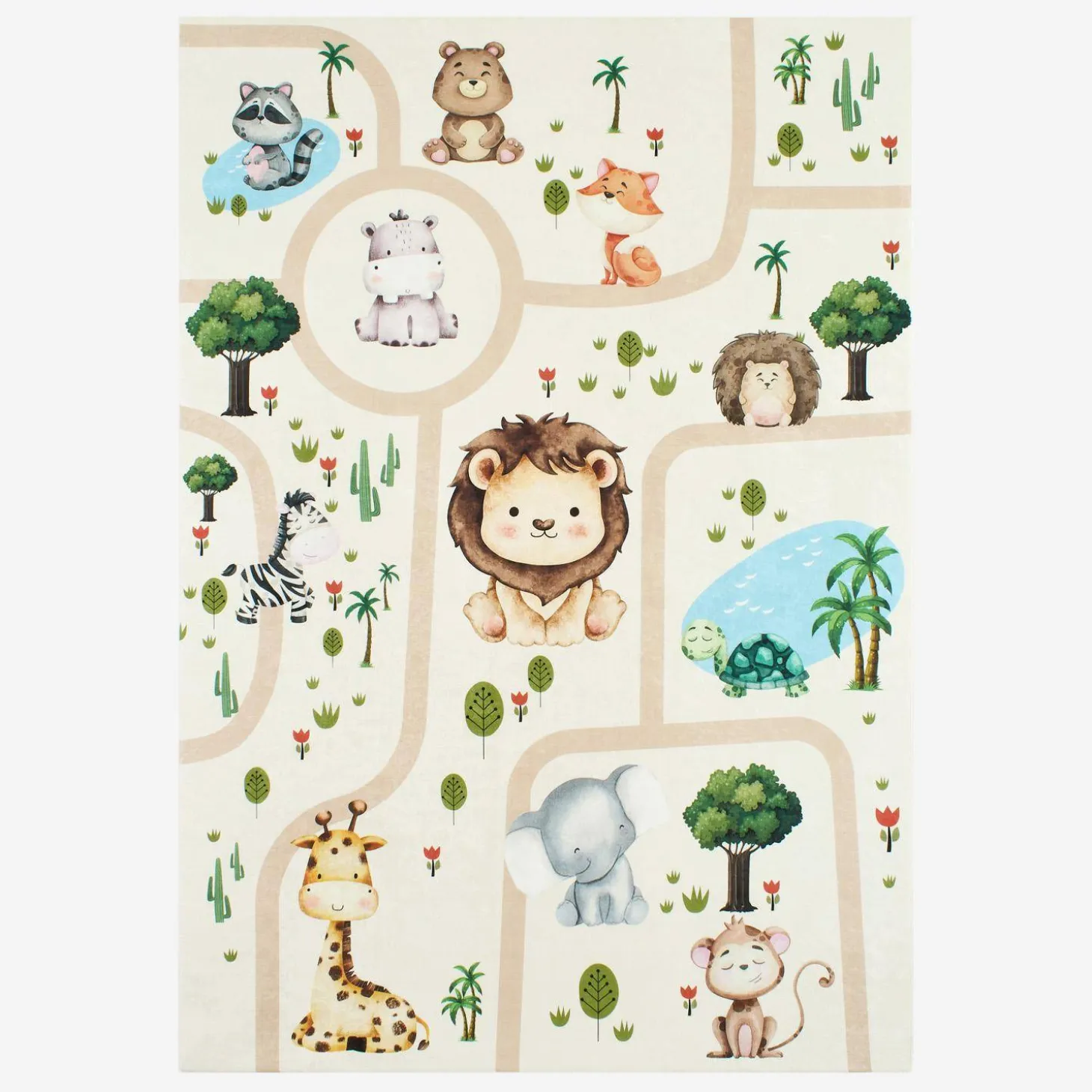 Tapete infantil branco com estampa de animais