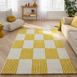 Tapete interior quadriculado amarelo e branco