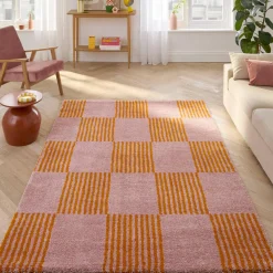 Tapete interior xadrez laranja e rosa