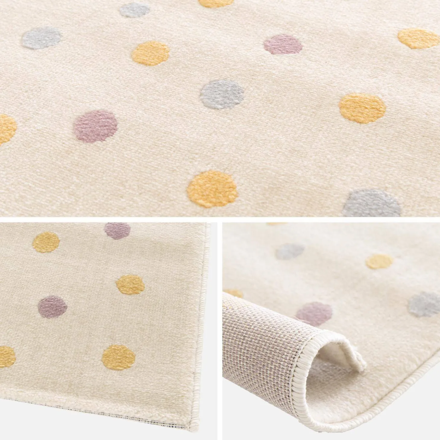 Tapete para crianças com bolinhas grandes, tapete de interior creme, azul, amarelo, roxo 120 x 170cm