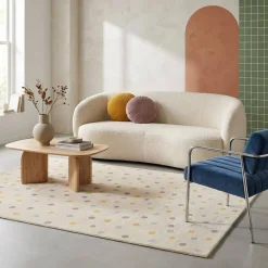Tapete para crianças com bolinhas grandes, tapete de interior creme, azul, amarelo, roxo 120 x 170cm